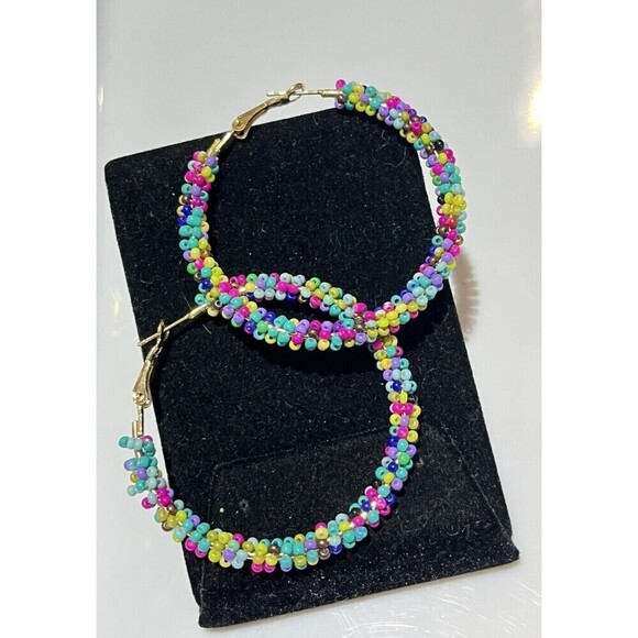 Unbranded Jewelry - Sead Bead Textured Hoop Womens Earrings 2in Multi Colored Rainbow Kidcore